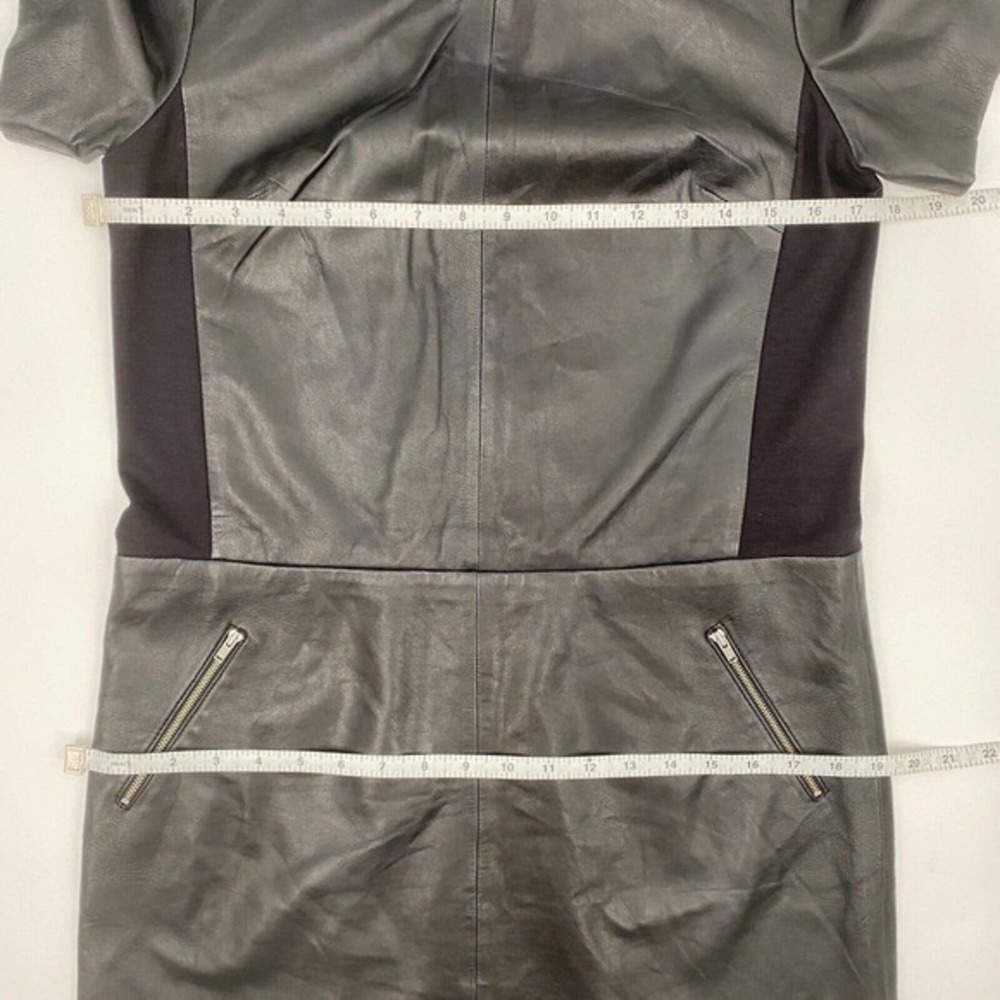 Halogen Black Leather Ponte Knit Shift Dress Size S Exposed Zipper Short Sleeve - Picture 10 of 11